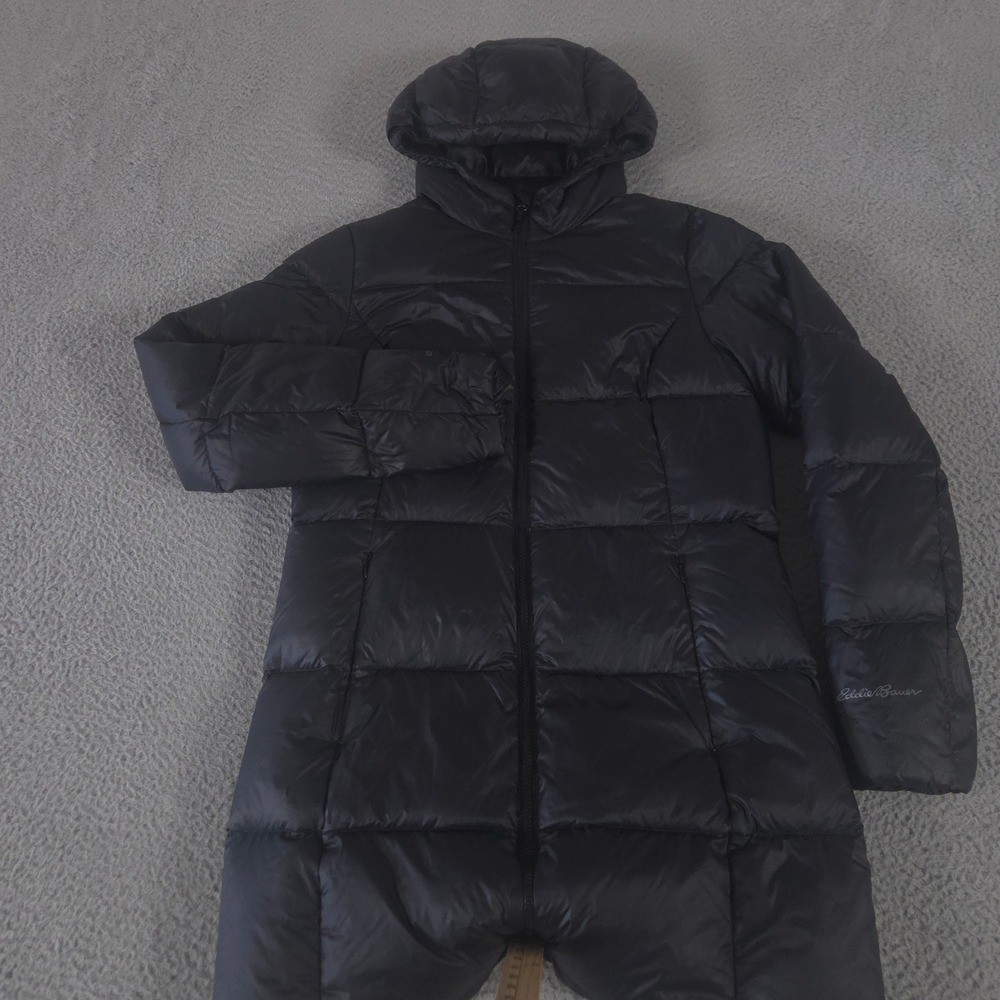 Eddie Bauer Jacket Womens Medium Black Luna Peak Down Parka Hooded Puffer Coat